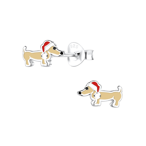 Silver Christmas Dachshund Dog Stud Earrings - 17150