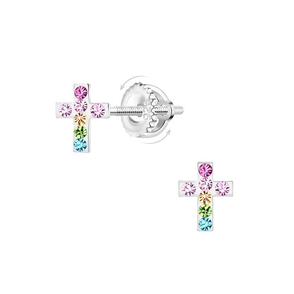 Silver Cross Screw Back Earrings - 17385