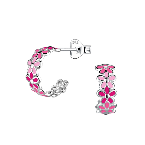 Silver Flower Half Hoop Stud Earrings - 17870