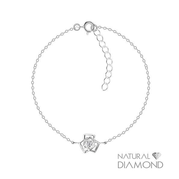 Silver Rose Flower Bracelet With Natural Diamond - 17059