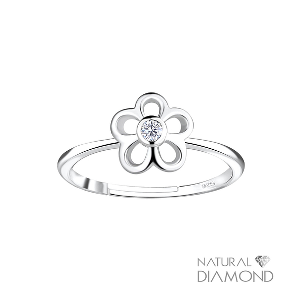 Silver Flower Adjustable Ring With Natural Diamond - 17068