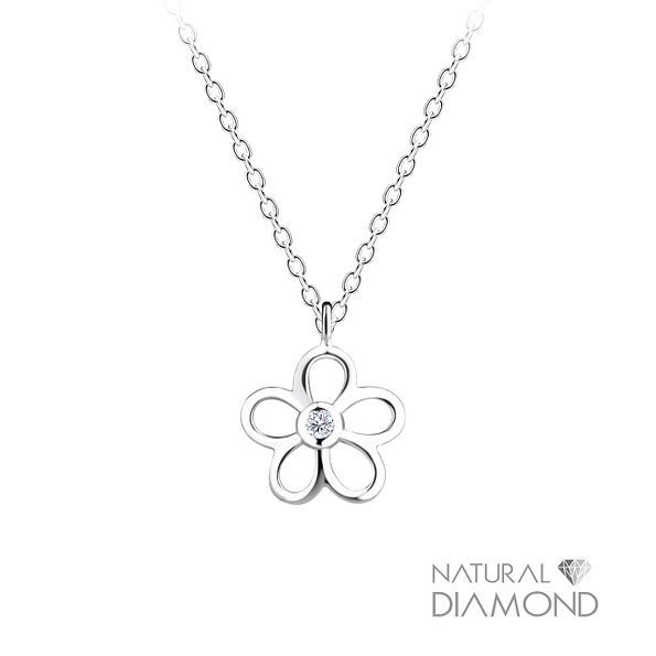 Silver Flower Necklace With Natural Diamond - 15826 Silver Flower Necklace With Natural Diamond - 15826