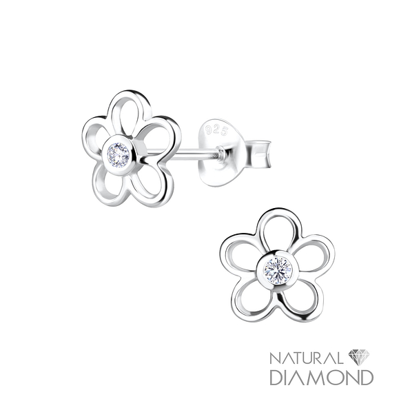 Silver Flower Stud Earrings With Natural Diamond - 17070