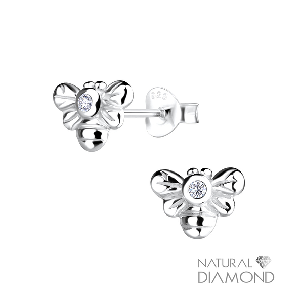 Silver Bee Stud Earrings With Natural Diamond - 17057