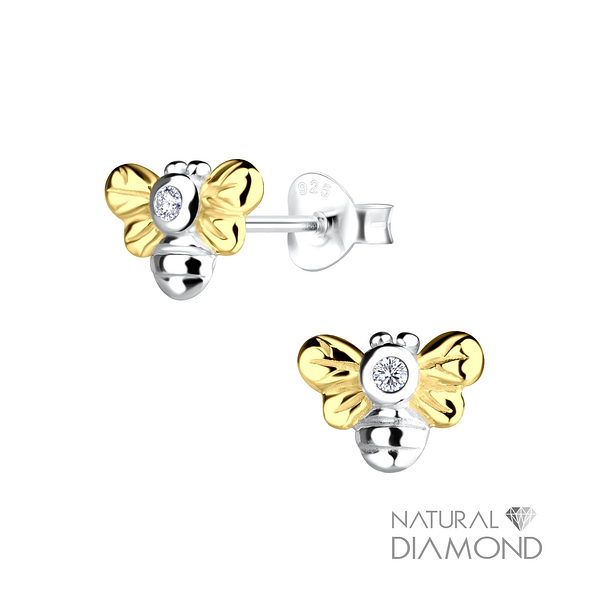Silver Two Tone Bee Stud Earrings With Natural Diamond - 17056