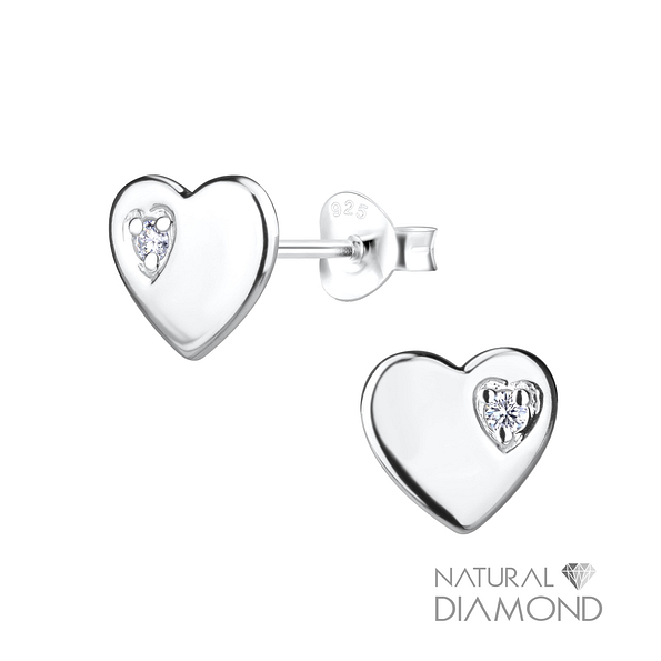 Silver Heart Stud Earrings With Natural Diamond - 14989