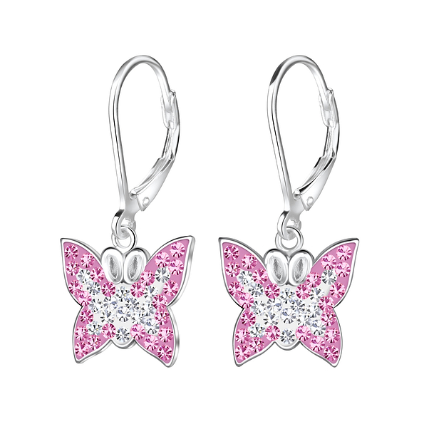 Silver Butterfly Crystal Lever Back Earrings - 18336