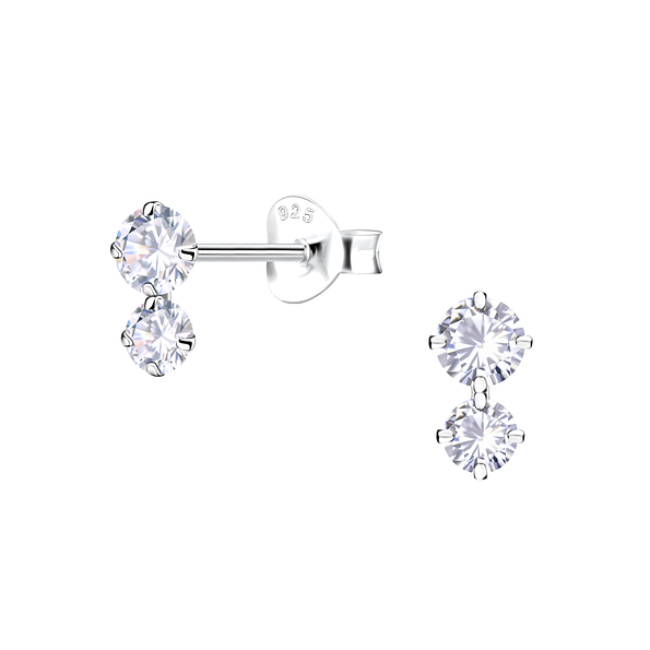 Silver Double Round Cubic Zirconia Stud Earrings - 18202