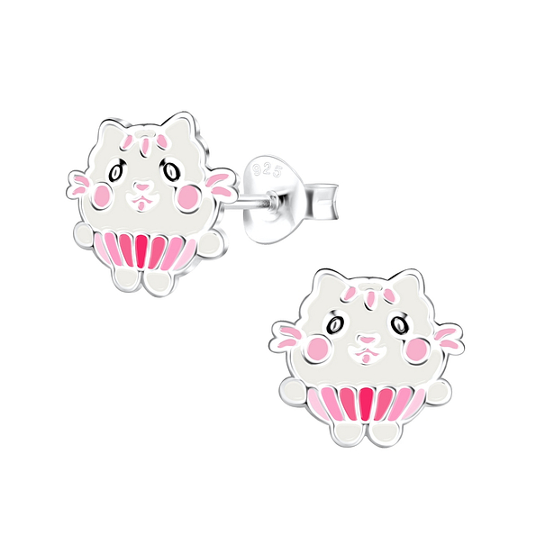 Silver Cat Stud Earrings - 17421