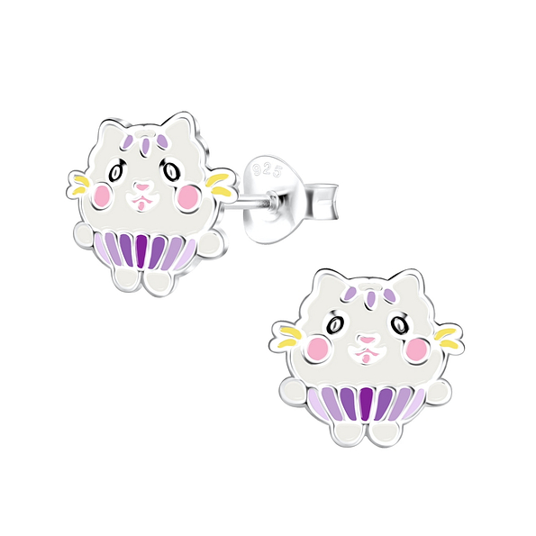 Silver Cat Stud Earrings - 17422