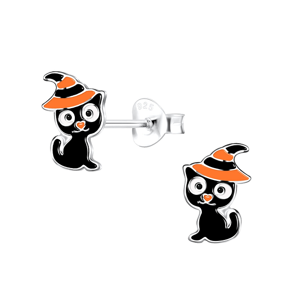Silver Cat Stud Earrings - 18445