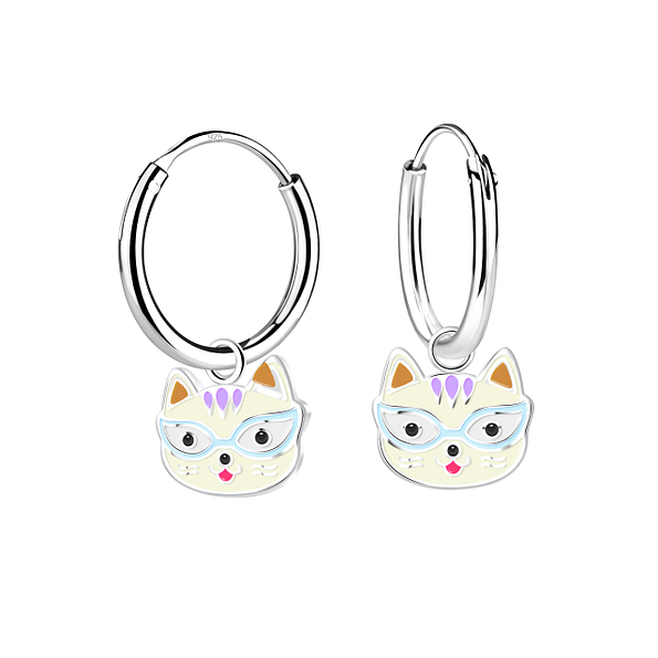 Silver Cat Stud Charm Hoop Earrings - 12519