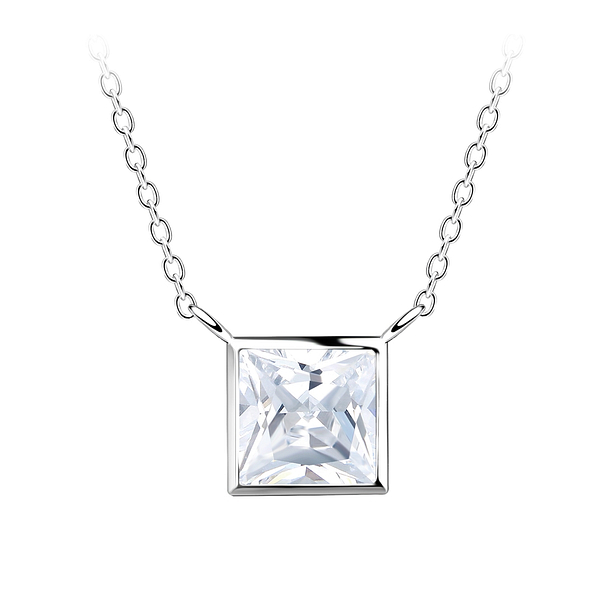 6mm Square Cubic Zirconia Silver Necklace - 18781