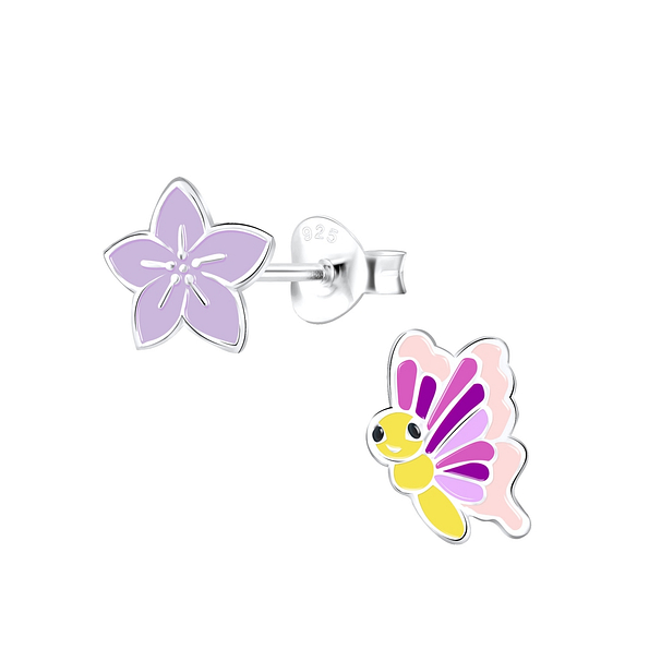 Silver Flower and Butterfly Stud Earrings - 18568