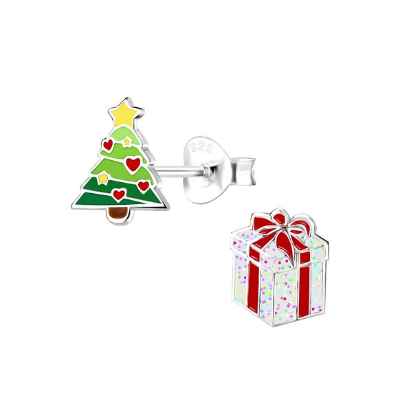 Silver Christmas Tree and Gift Stud Earrings - 18588