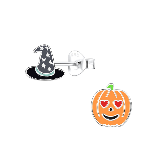 Silver Witch Hat and Pumpkin Stud Earrings - 18589