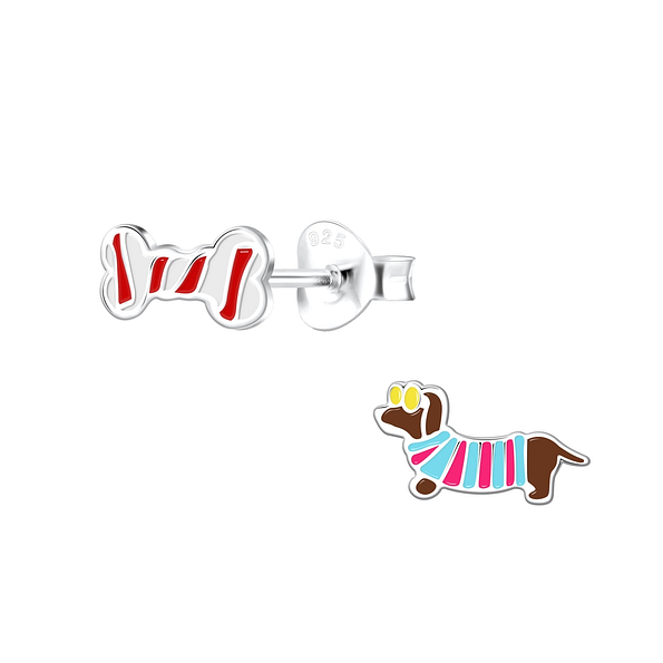 Silver Bone and Dachshund Dog Stud Earrings - 18590