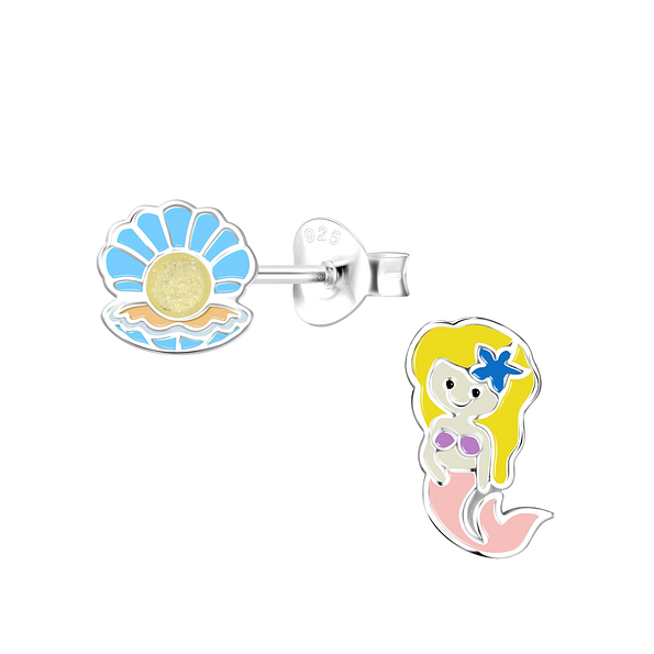 Silver Shell and Mermaid Stud Earrings - 18591