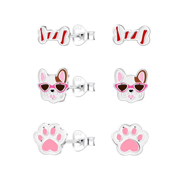 Silver Dog Lover Stud Earrings Set - 18556