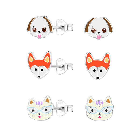 Silver Animal Lover Stud Earrings Set - 18567 Silver Animal Lover Stud Earrings Set - 18567