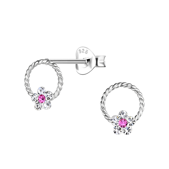 Silver Crystal Flower Stud Earrings - 19045