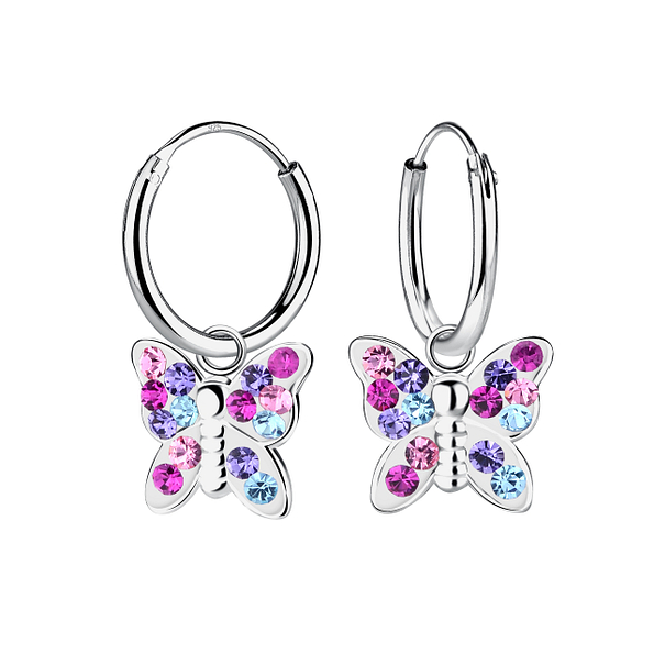 Silver Butterfly Crystal Charm Hoop Earrings - 18822