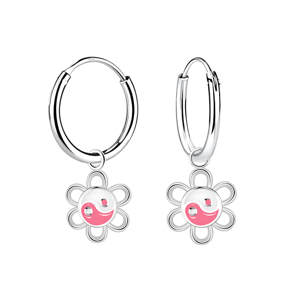 Silver Yin Yang Flower Charm Hoop Earrings - 18711