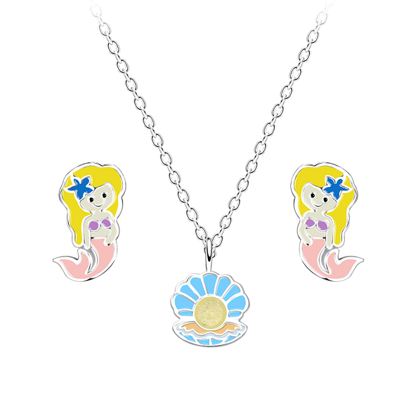 Silver Mermaid Necklace and Stud Earrings Set - 18621