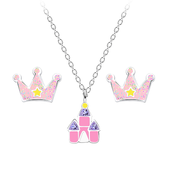 Silver Princess Necklace and Stud Earrings Set - 18622 Silver Princess Necklace and Stud Earrings Set - 18622