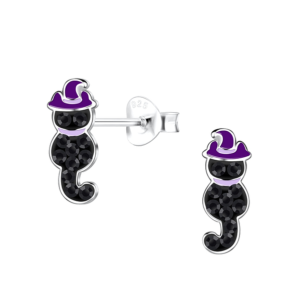 Silver Cat Stud Earrings - 19216