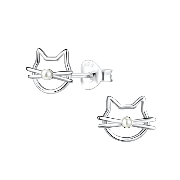 Silver Cat Stud Earrings - 19411