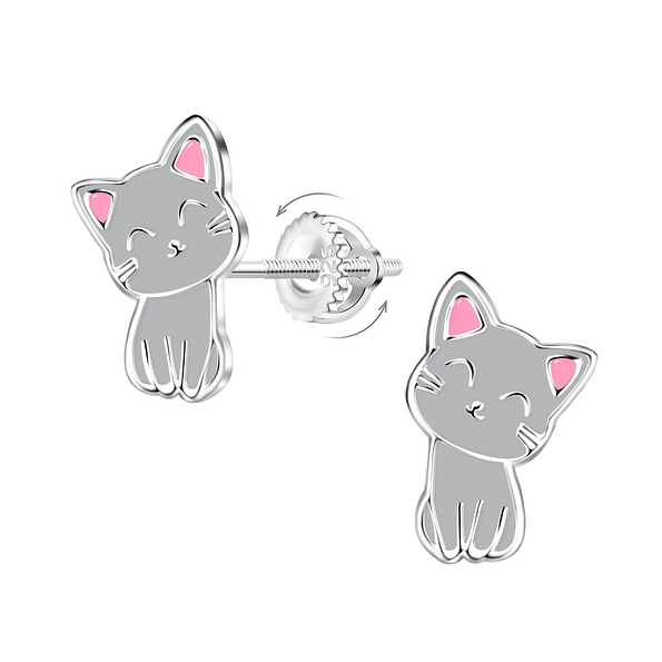 Silver Cat Screw Back Earrings - 16994