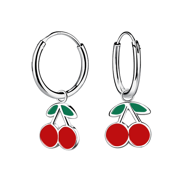 Silver Cherry Charm Hoop Earrings - 19584