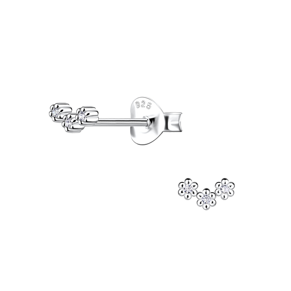Silver Triple Flower Stud Earrings - 19745