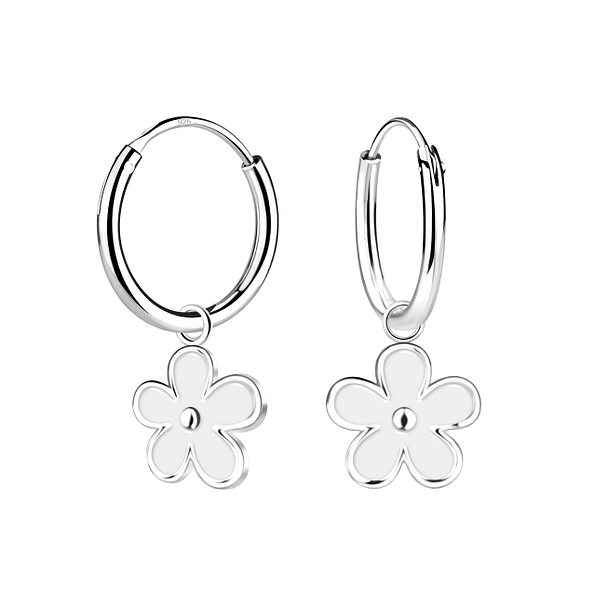 Silver Flower Charm Hoop Earrings - 19903