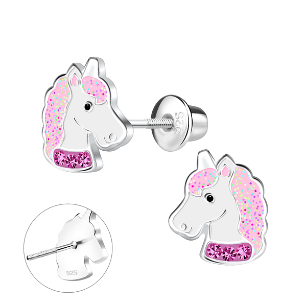Silver Unicorn Screw Back Bullet Earrings - 18335
