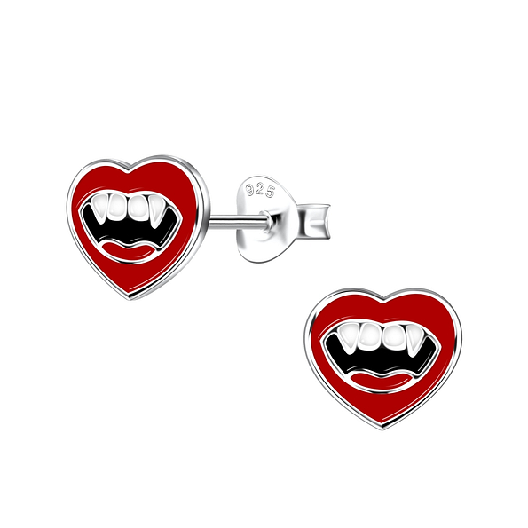 Silver Vampire Heart Stud Earrings - 19977