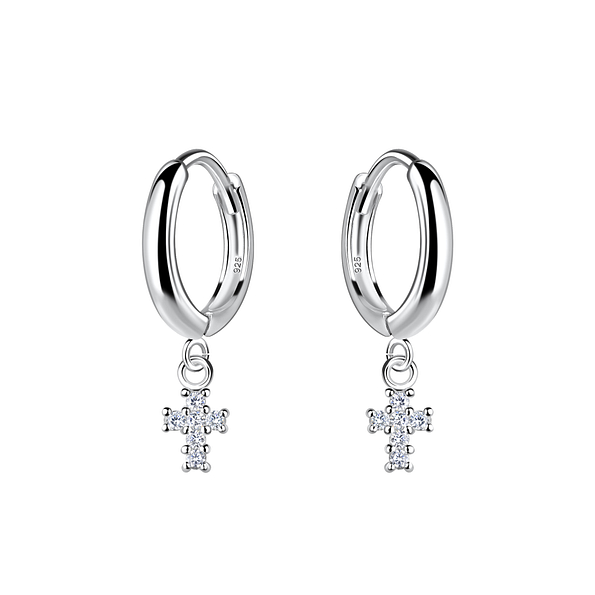 Silver Cross Charm Huggie Earrings - 19967