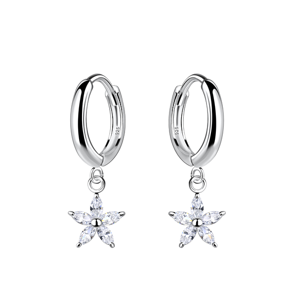 Silver Flower Charm Huggie Earrings - 20009