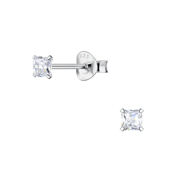 3mm Square Cubic Zirconia Silver Stud Earrings - 20158