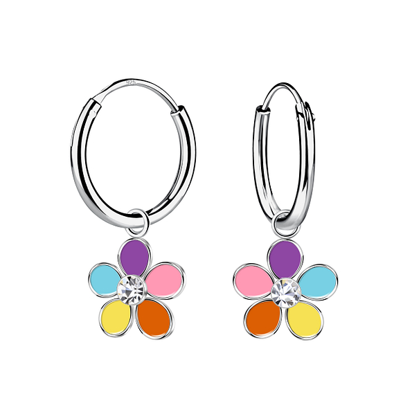 Silver Flower Crystal Charm Hoop Earrings - 20166 Silver Flower Crystal Charm Hoop Earrings - 20166