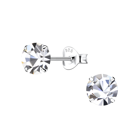 6mm Round Crystal Silver Stud Earrings - 9712