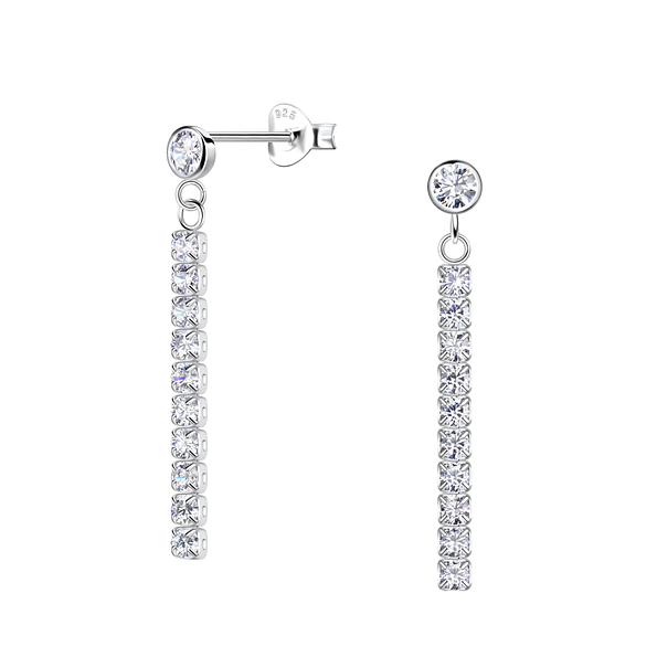 Silver Round Stud Earrings with Hanging Tennis Chain - 20528
