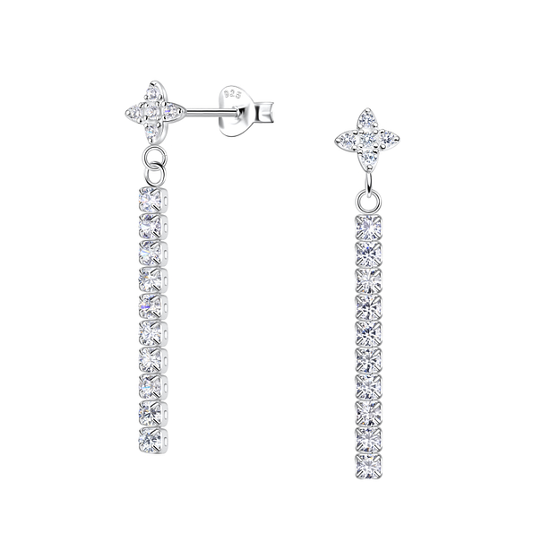Silver Flower Stud Earrings with Hanging Tennis Chain - 20529