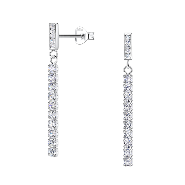 Silver Bar Stud Earrings with Hanging Tennis Chain - 20530