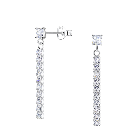 Silver Square Stud Earrings with Hanging Tennis Chain - 20531