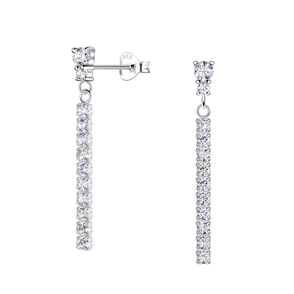 Silver Double Round Stud Earrings with Hanging Tennis Chain - 20534