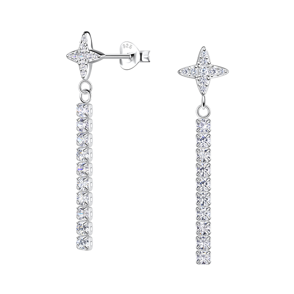 Silver Star Stud Earrings with Hanging Tennis Chain - 20535