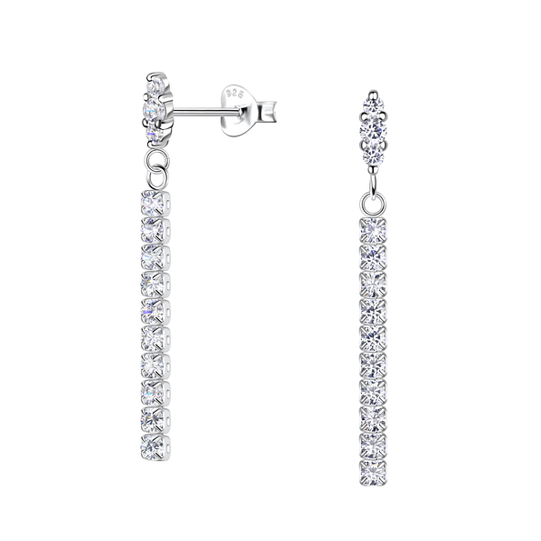 Silver Marquise Stud Earrings with Hanging Tennis Chain - 20536