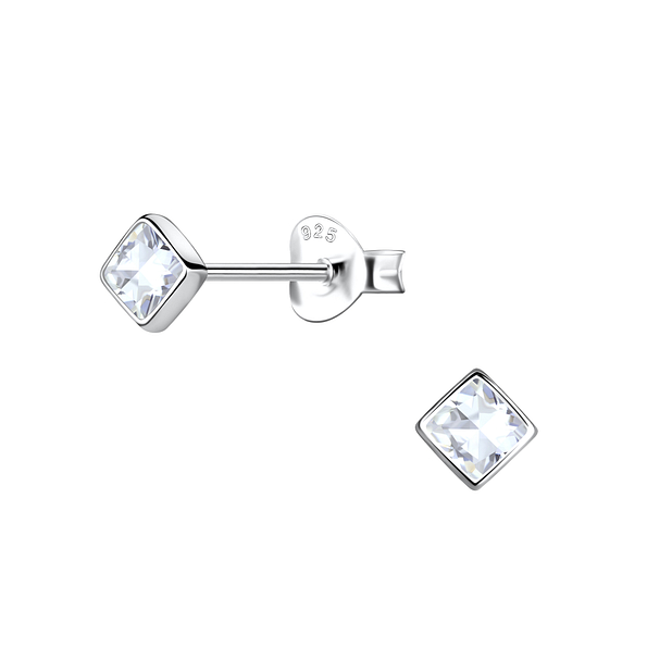3mm Square Cubic Zirconia Silver Stud Earrings - 20608